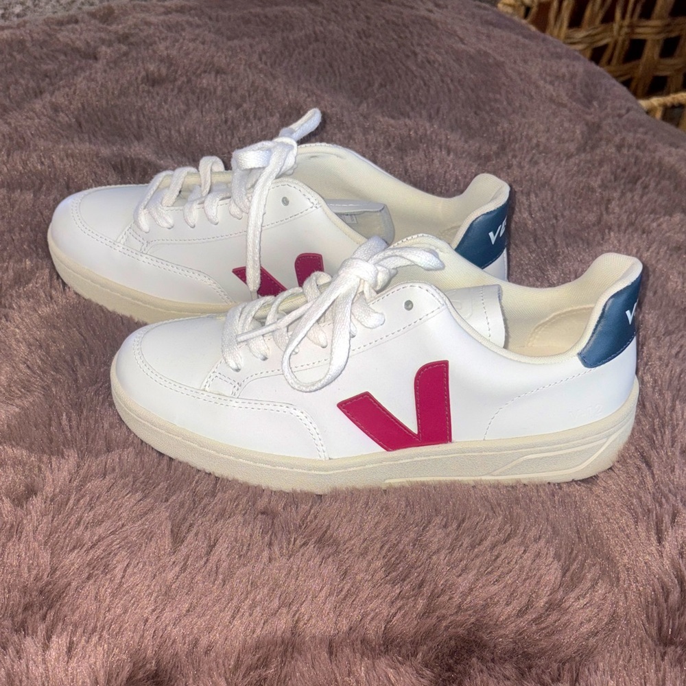 Veja V-12 White Sneakers with Red V and Navy Heel